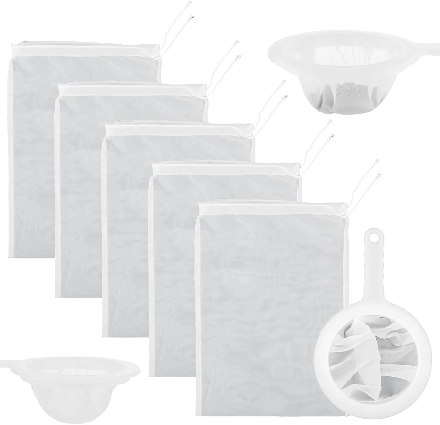 6 Pack Nut Milk Bags 100 Mesh Reusable Fine Mesh Strainer Nylon Food Strainer Cold Brew Coffee Cheese Cloths Filter Plastic Sieve Filter Spoon for Straining Fruit Juice Almond Yogurt Soup