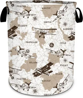 Airplane Laundry Basket, Vintage transportation Laundry Hamper World Map Tote Bag Dirty Clothes Storage Bucket Toy Organizer for Bathroom/Laundry/Bedroom 15.7"x19.6"