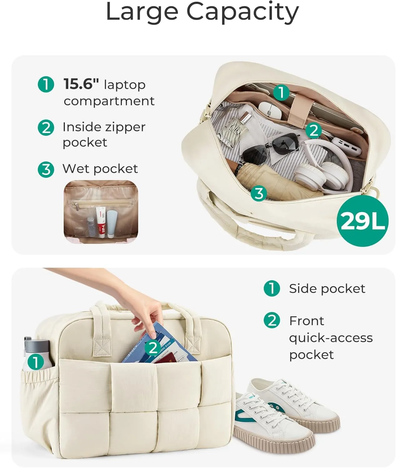 BAGSMART Gym Bag for Women, 29L Puffer Travel Duffle Bag for Travel with Laptop Compartment, Weekender Bags for Women, Carry On Duffel Bag Personal Item Bag, Beige