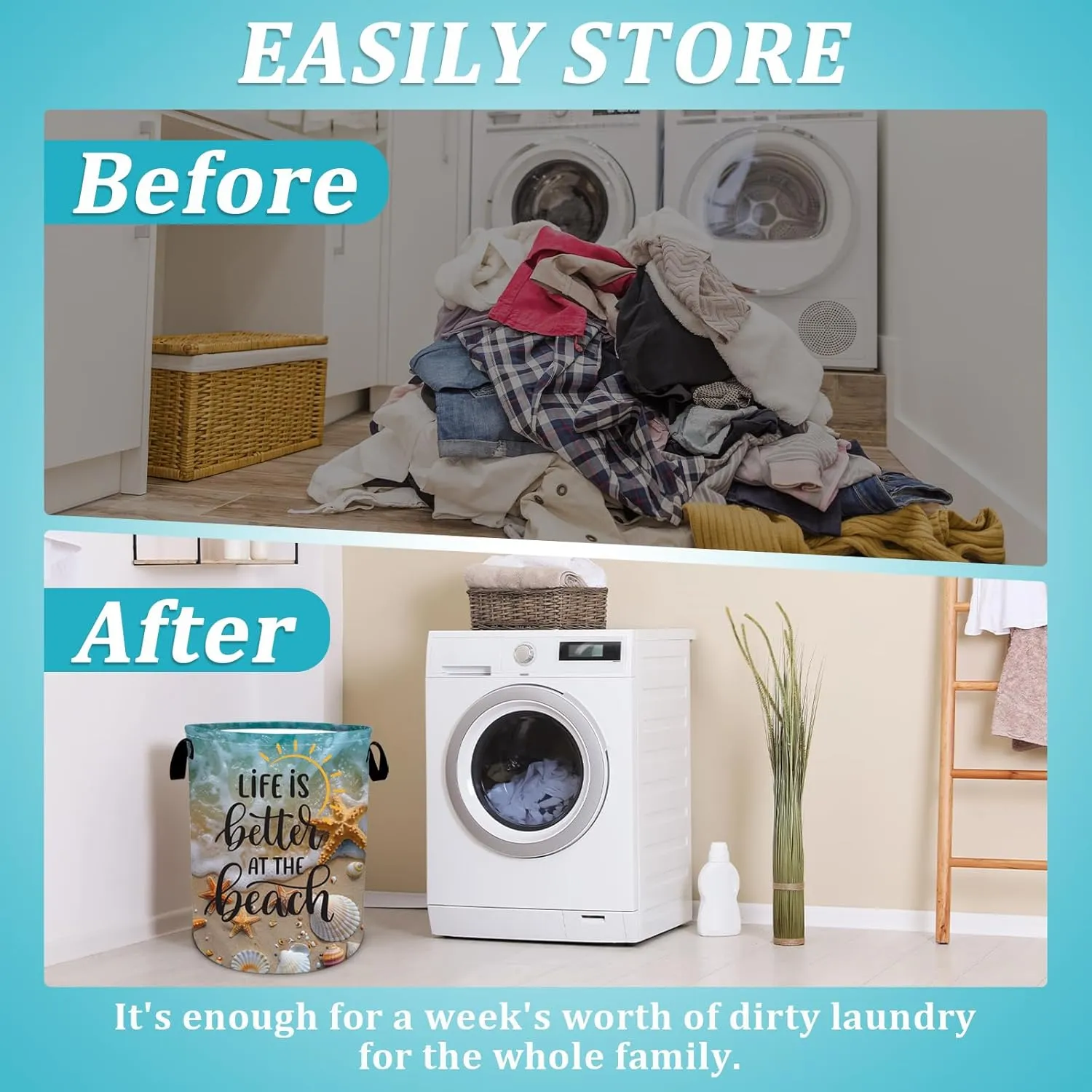 Beach Seashells Starfish Laundry Basket, Foldable Waterproof Summer Laundry Hamper Funny Tote Bag Dirty Clothes Storage Bucket Toy Organizer for Bathroom/Laundry/Bedroom 15.7"x19.6"