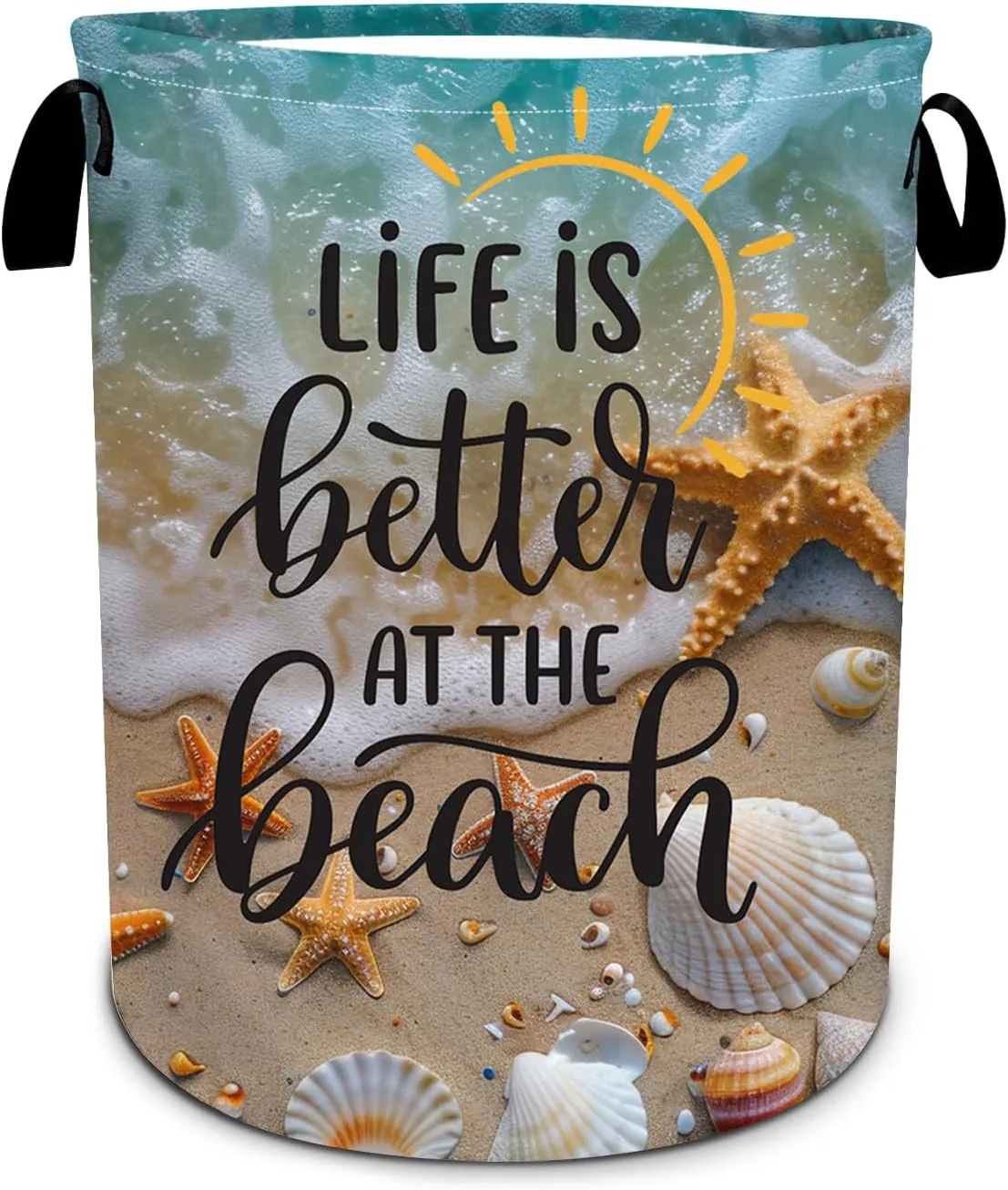 Beach Seashells Starfish Laundry Basket, Foldable Waterproof Summer Laundry Hamper Funny Tote Bag Dirty Clothes Storage Bucket Toy Organizer for Bathroom/Laundry/Bedroom 15.7"x19.6"