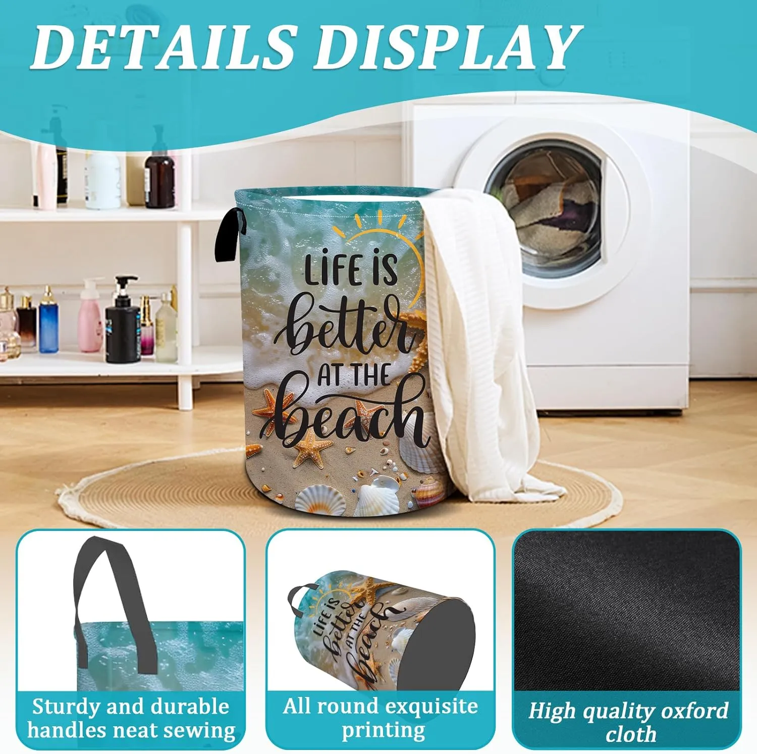 Beach Seashells Starfish Laundry Basket, Foldable Waterproof Summer Laundry Hamper Funny Tote Bag Dirty Clothes Storage Bucket Toy Organizer for Bathroom/Laundry/Bedroom 15.7"x19.6"