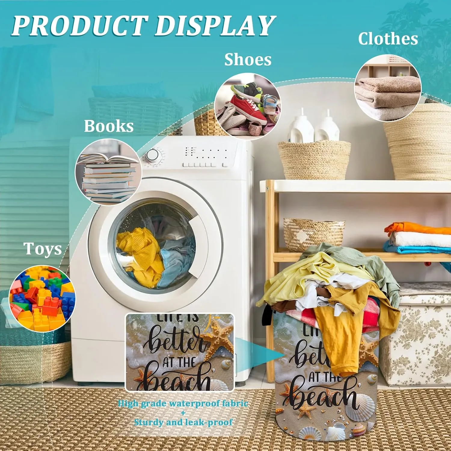 Beach Seashells Starfish Laundry Basket, Foldable Waterproof Summer Laundry Hamper Funny Tote Bag Dirty Clothes Storage Bucket Toy Organizer for Bathroom/Laundry/Bedroom 15.7"x19.6"