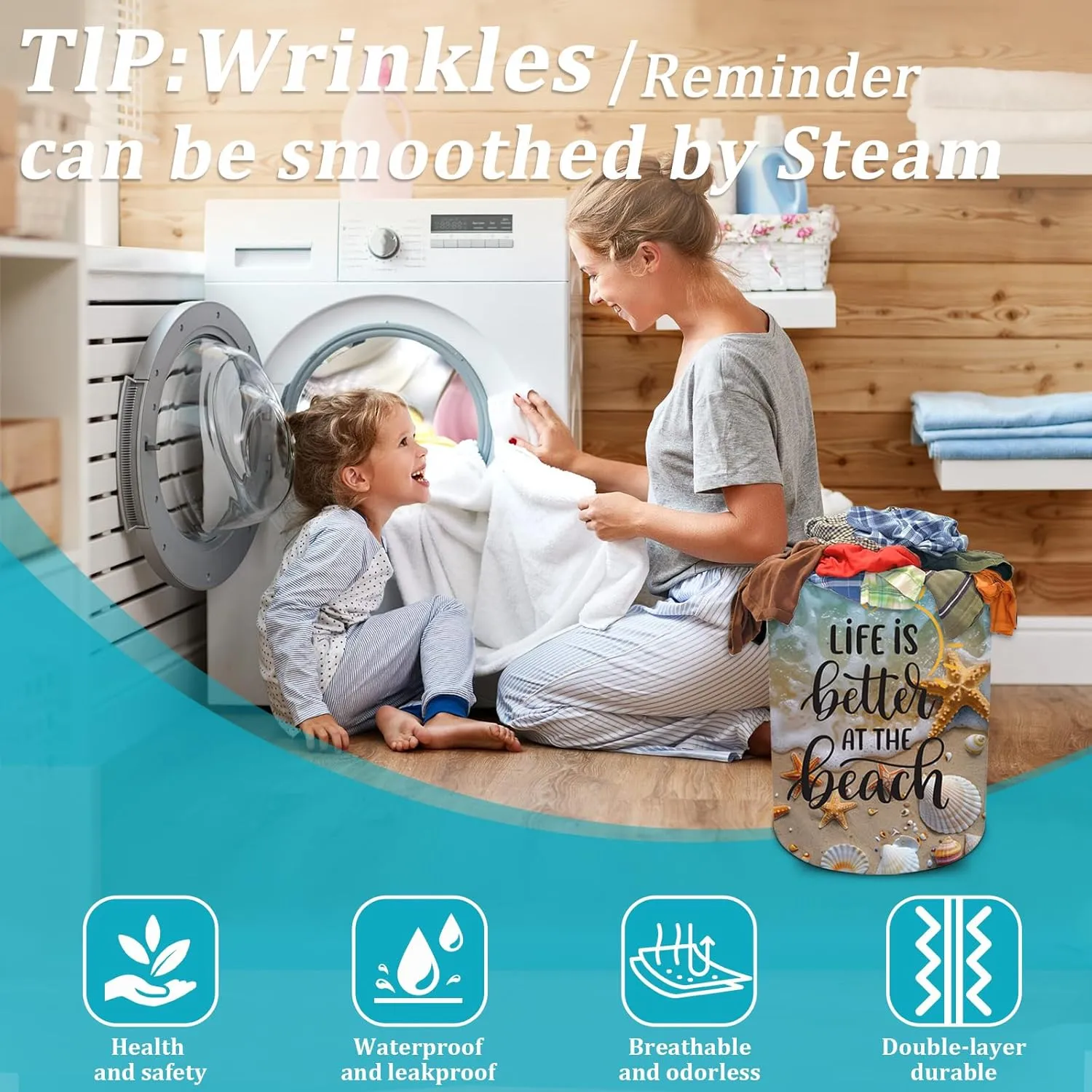 Beach Seashells Starfish Laundry Basket, Foldable Waterproof Summer Laundry Hamper Funny Tote Bag Dirty Clothes Storage Bucket Toy Organizer for Bathroom/Laundry/Bedroom 15.7"x19.6"