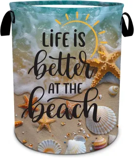 Beach Seashells Starfish Laundry Basket, Foldable Waterproof Summer Laundry Hamper Funny Tote Bag Dirty Clothes Storage Bucket Toy Organizer for Bathroom/Laundry/Bedroom 15.7"x19.6"