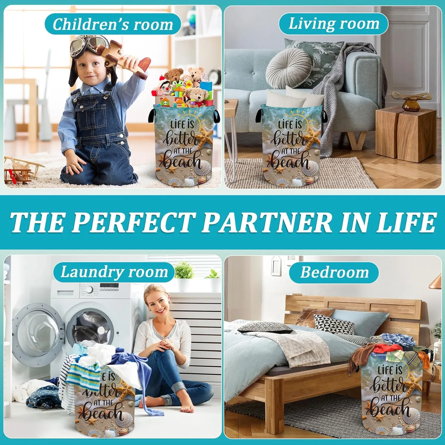 Beach Seashells Starfish Laundry Basket, Foldable Waterproof Summer Laundry Hamper Funny Tote Bag Dirty Clothes Storage Bucket Toy Organizer for Bathroom/Laundry/Bedroom 15.7"x19.6"