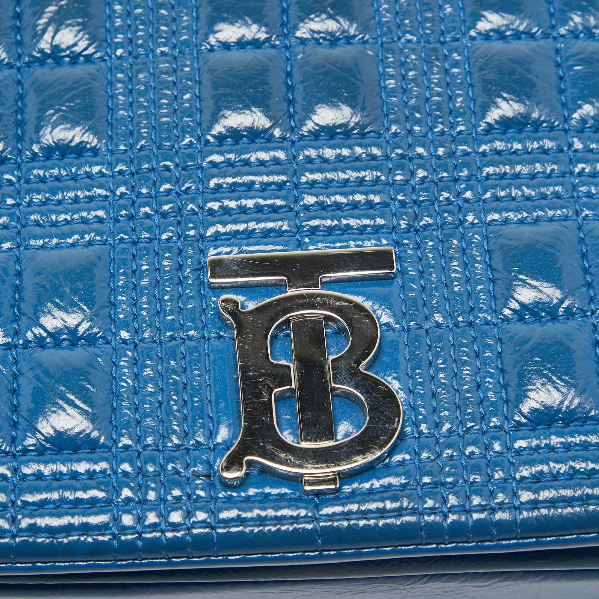 BURBERRY Warm Royal Blue Quilted Patent Leather Small Lola Chain Shoulder Bag