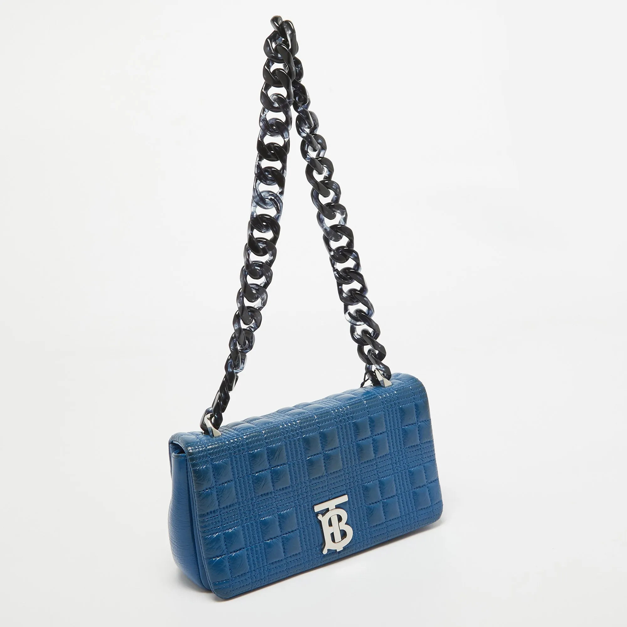 BURBERRY Warm Royal Blue Quilted Patent Leather Small Lola Chain Shoulder Bag