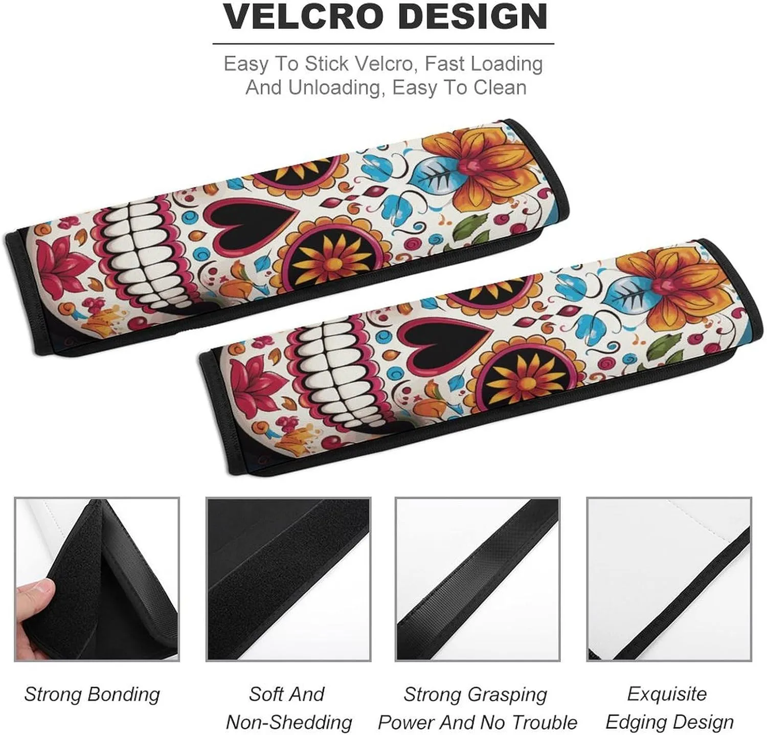 Colorful Sugar Skull Auto Seat Belt Cover 2PCS Universal Car Seat Belt Shoulder Protector Pad, Protect Your Shoulders and Neck for Car Seat Belt, Shoulder Bag, Backpack