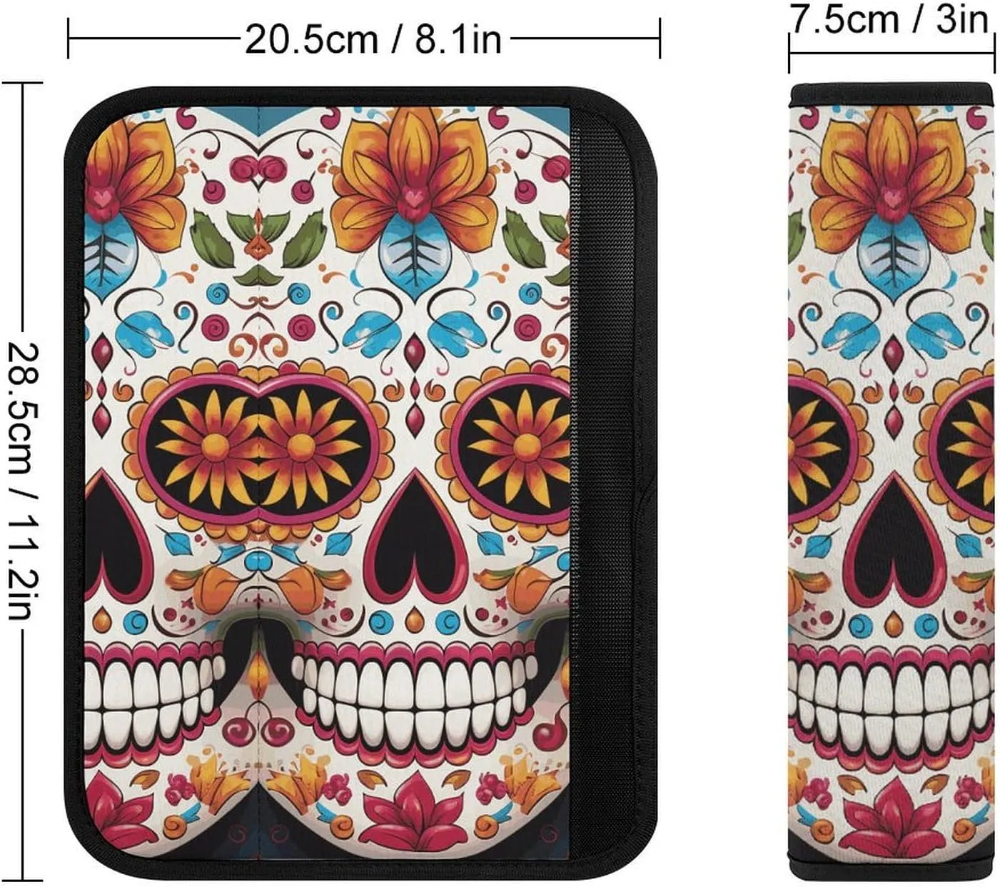 Colorful Sugar Skull Auto Seat Belt Cover 2PCS Universal Car Seat Belt Shoulder Protector Pad, Protect Your Shoulders and Neck for Car Seat Belt, Shoulder Bag, Backpack