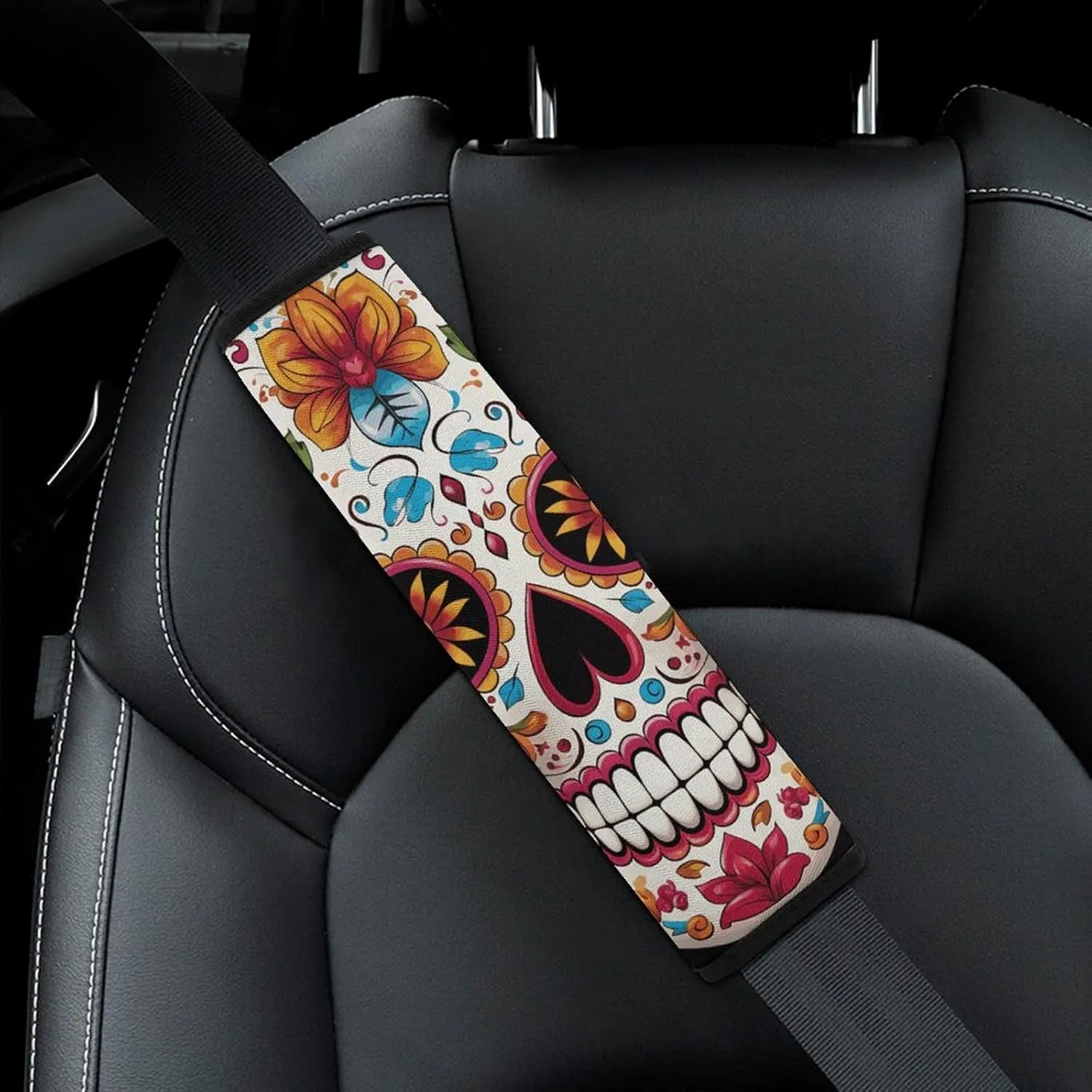 Colorful Sugar Skull Auto Seat Belt Cover 2PCS Universal Car Seat Belt Shoulder Protector Pad, Protect Your Shoulders and Neck for Car Seat Belt, Shoulder Bag, Backpack