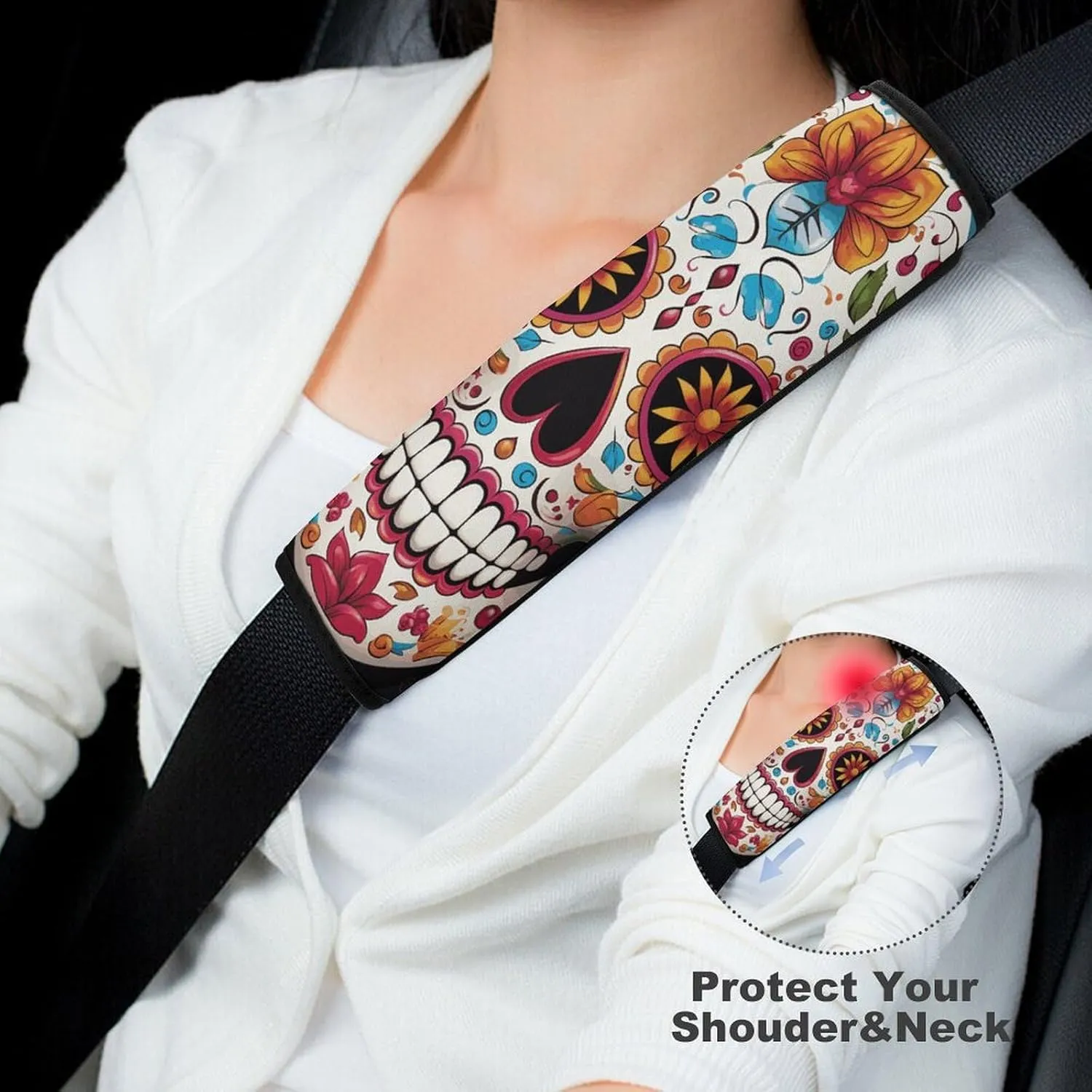 Colorful Sugar Skull Auto Seat Belt Cover 2PCS Universal Car Seat Belt Shoulder Protector Pad, Protect Your Shoulders and Neck for Car Seat Belt, Shoulder Bag, Backpack