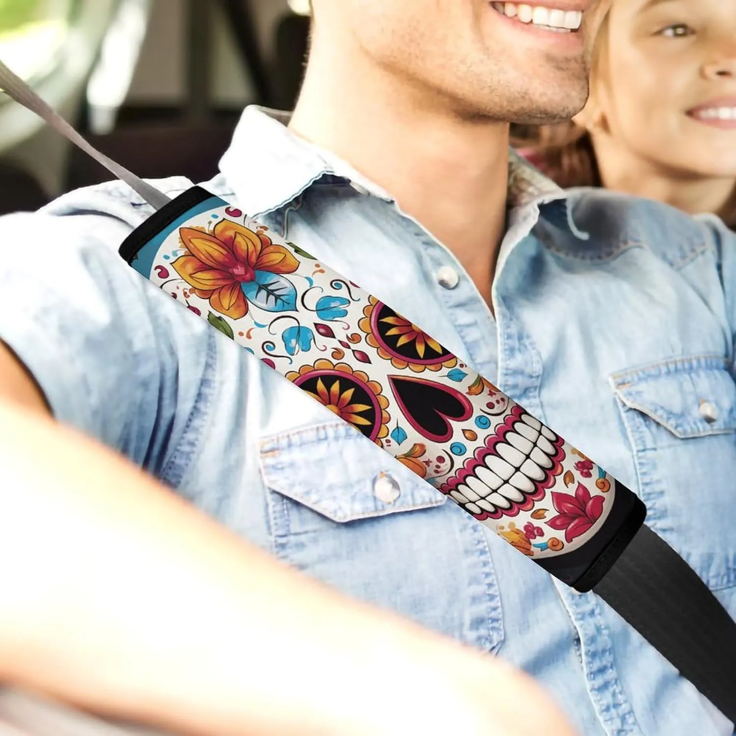 Colorful Sugar Skull Auto Seat Belt Cover 2PCS Universal Car Seat Belt Shoulder Protector Pad, Protect Your Shoulders and Neck for Car Seat Belt, Shoulder Bag, Backpack