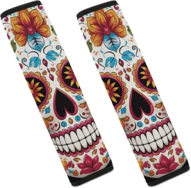 Colorful Sugar Skull Auto Seat Belt Cover 2PCS Universal Car Seat Belt Shoulder Protector Pad, Protect Your Shoulders and Neck for Car Seat Belt, Shoulder Bag, Backpack