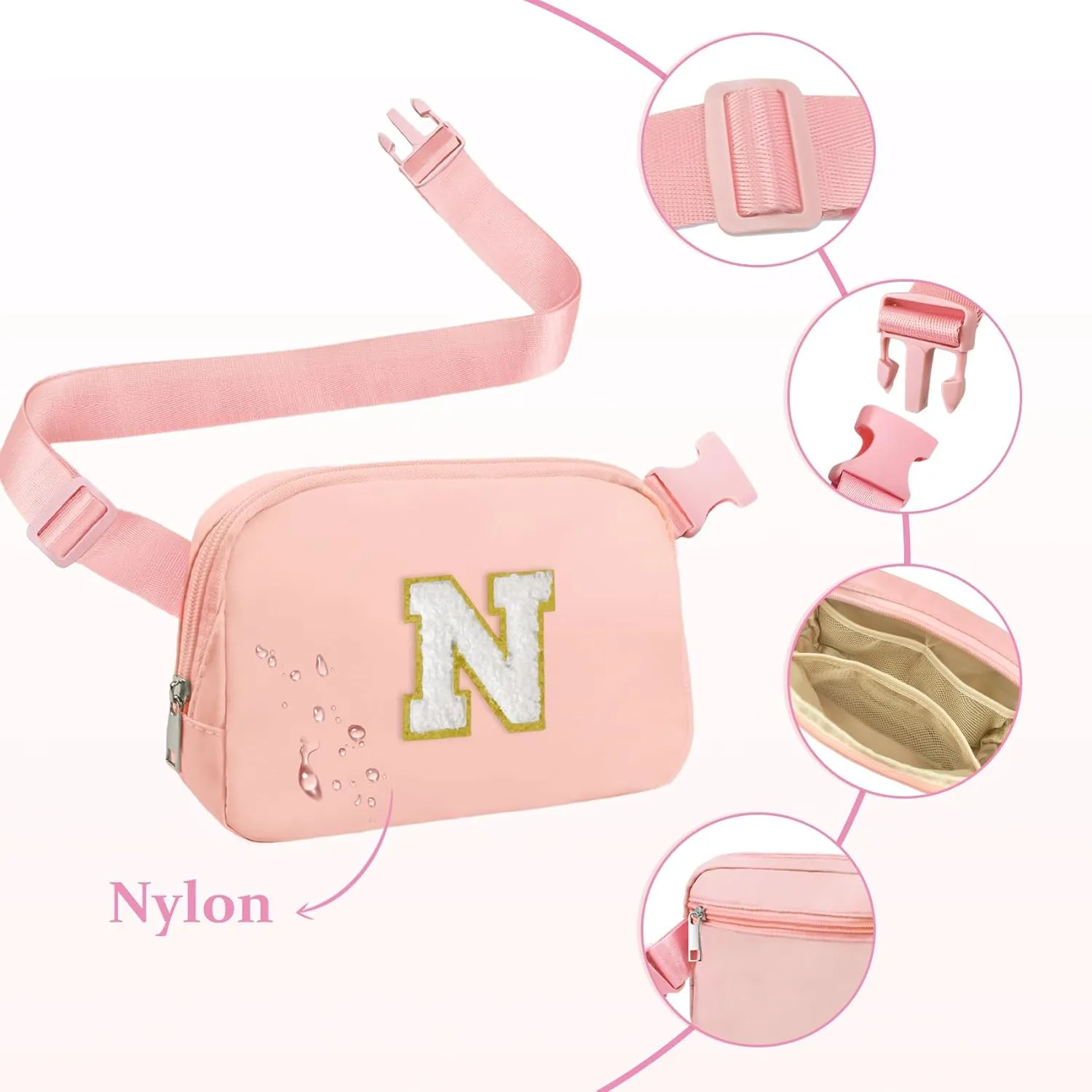COSHAYSOO Pink Small Waist Fanny Pack Belt Bag with Initial Letter Patch Crossbody Adjustable Strap for Teenager Girls Running Traveling, Mini Cross Body Nylon Travel Purse Birthday Gift Pouch (N)