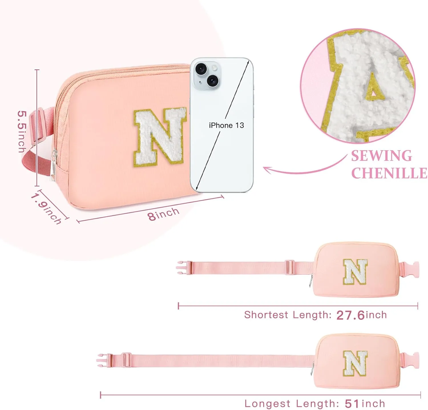 COSHAYSOO Pink Small Waist Fanny Pack Belt Bag with Initial Letter Patch Crossbody Adjustable Strap for Teenager Girls Running Traveling, Mini Cross Body Nylon Travel Purse Birthday Gift Pouch (N)