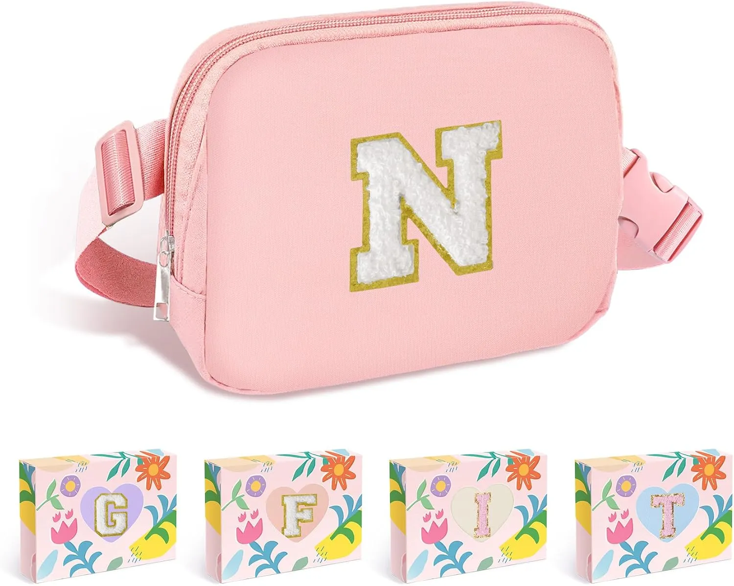 COSHAYSOO Pink Small Waist Fanny Pack Belt Bag with Initial Letter Patch Crossbody Adjustable Strap for Teenager Girls Running Traveling, Mini Cross Body Nylon Travel Purse Birthday Gift Pouch (N)