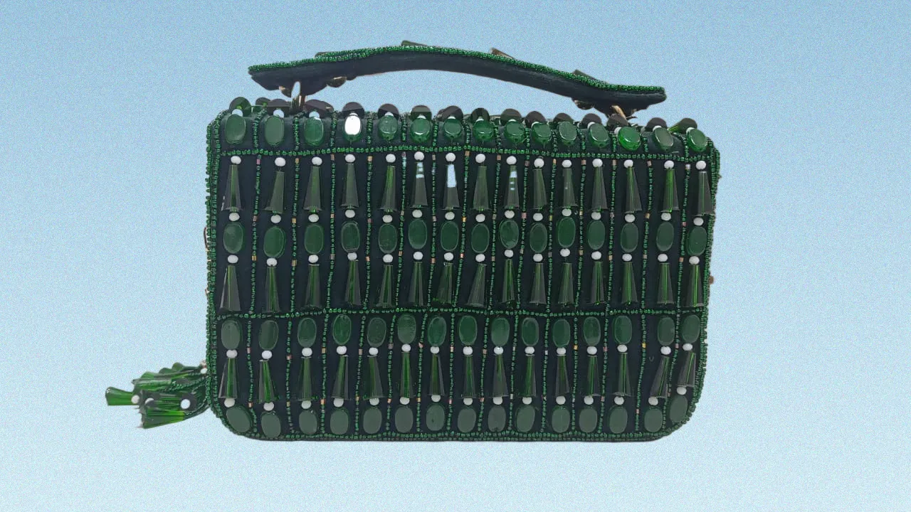 Crystals beaded green purse, party clutch