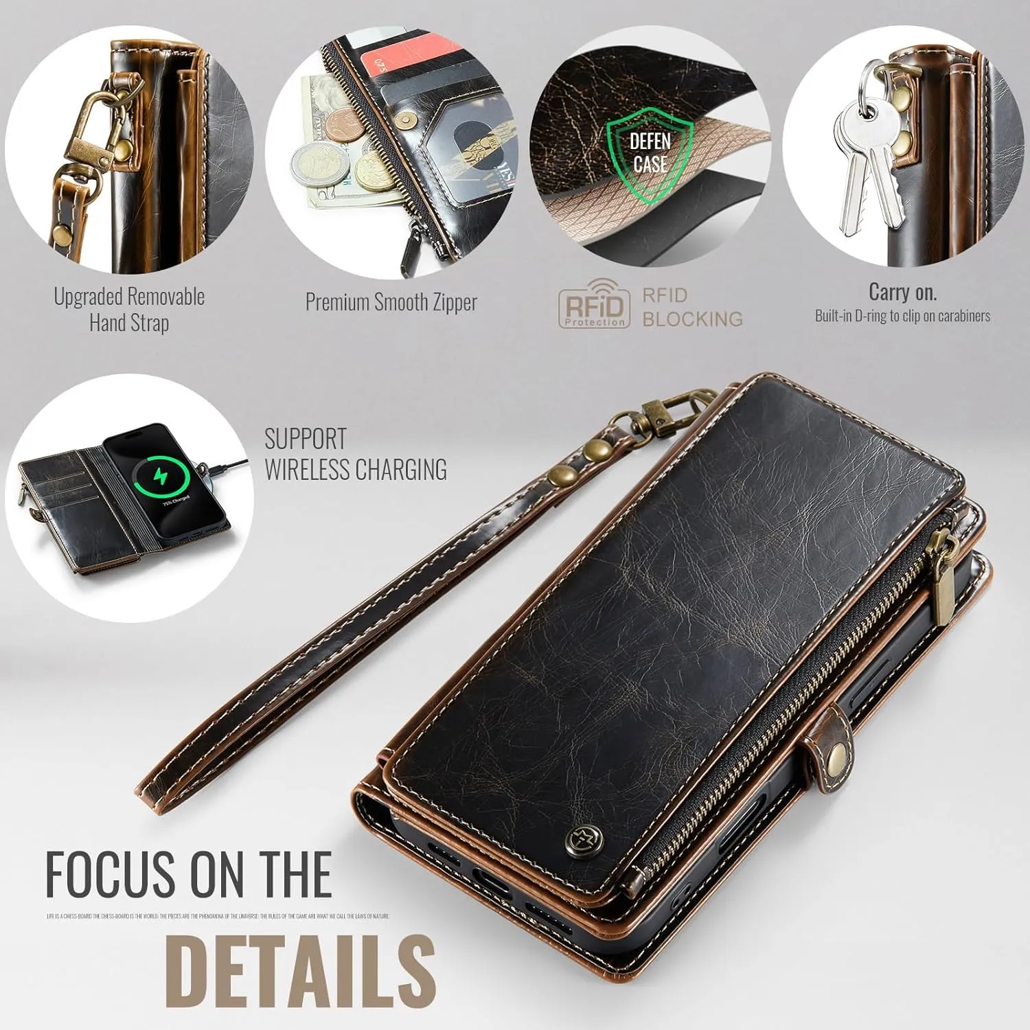 Defencase Compatible with iPhone 11 Pro Max Case Wallet with RFID Blocking Card Holder for Women Men, PU Leather Magnetic Snap Flip Zipper Strap Wallet Phone Case Fit for iPhone 11 Pro Max 6.5, Coffee