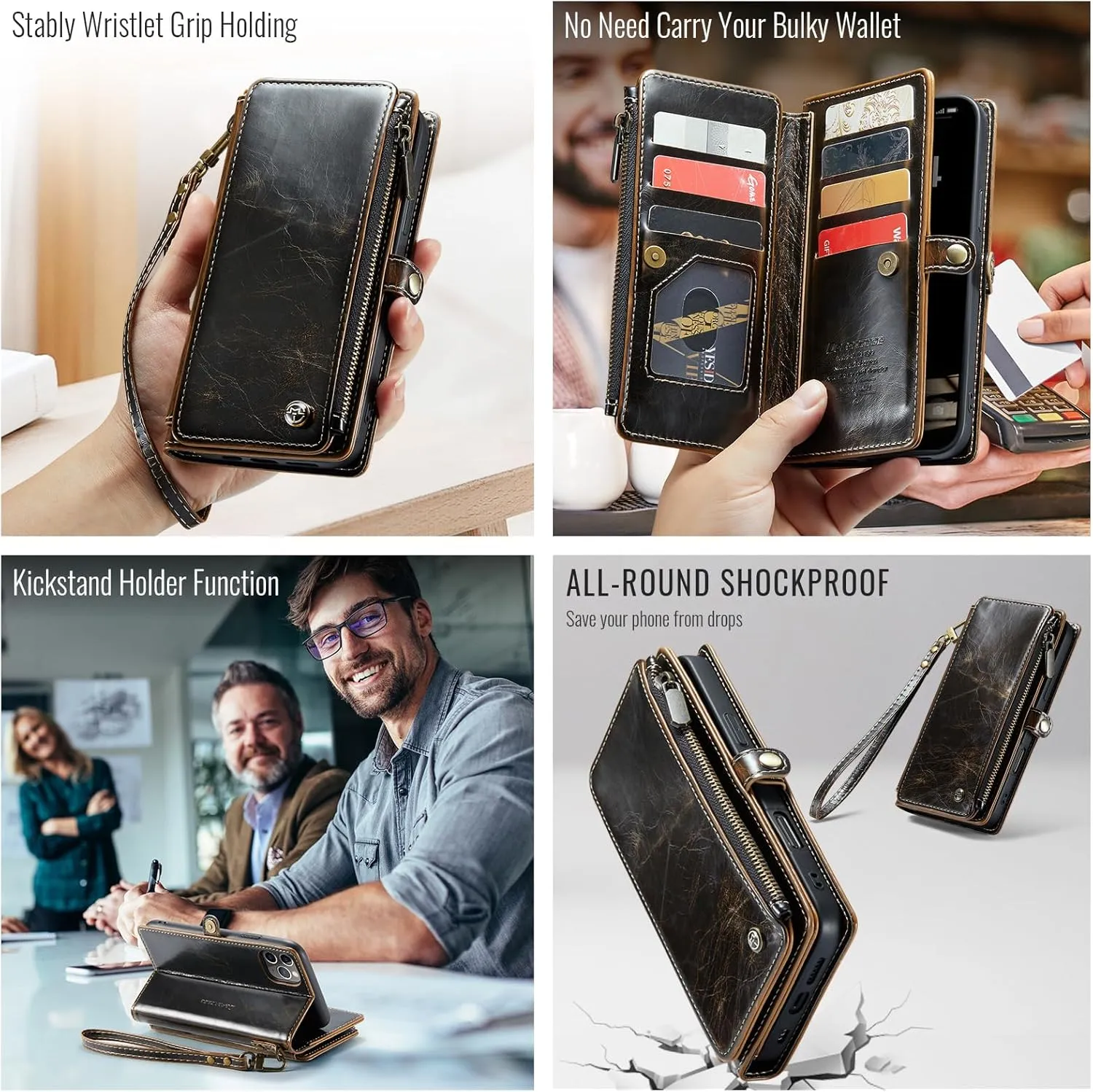 Defencase Compatible with iPhone 11 Pro Max Case Wallet with RFID Blocking Card Holder for Women Men, PU Leather Magnetic Snap Flip Zipper Strap Wallet Phone Case Fit for iPhone 11 Pro Max 6.5, Coffee