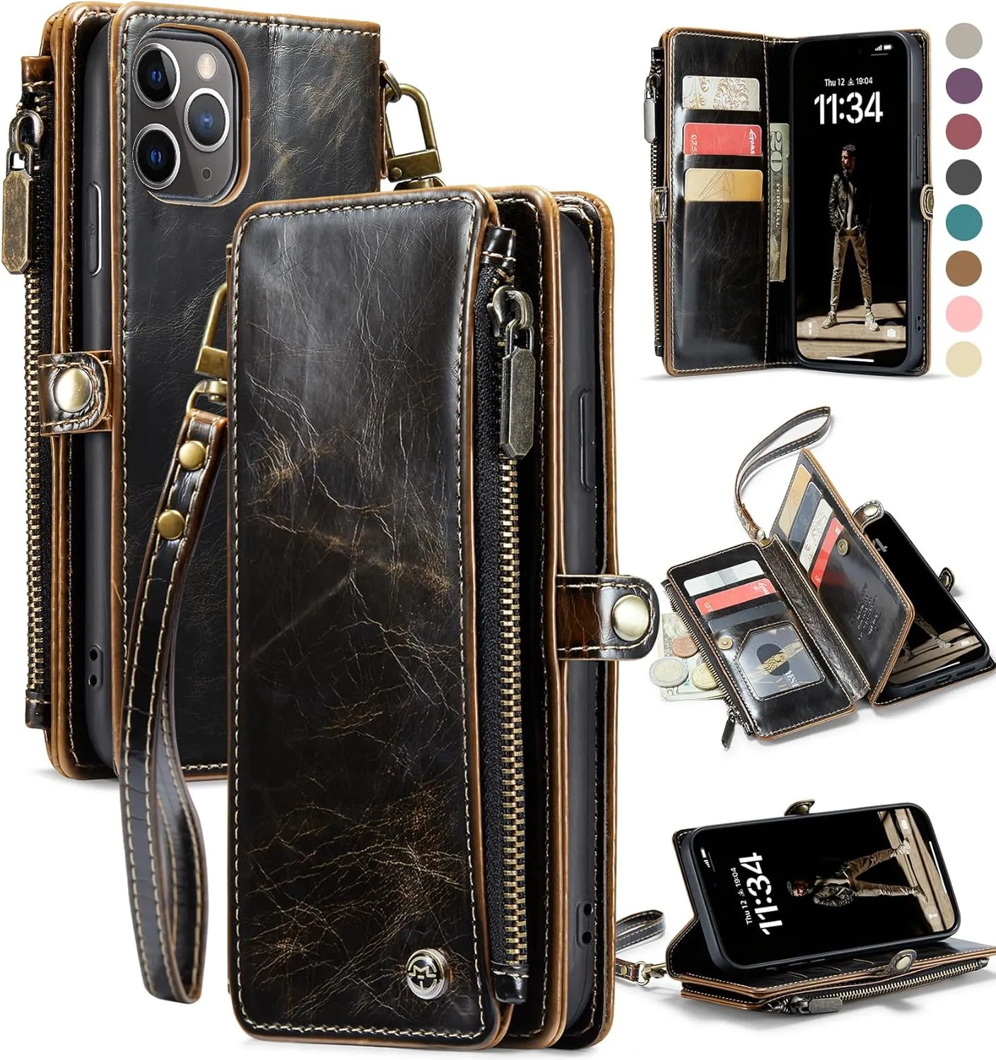 Defencase Compatible with iPhone 11 Pro Max Case Wallet with RFID Blocking Card Holder for Women Men, PU Leather Magnetic Snap Flip Zipper Strap Wallet Phone Case Fit for iPhone 11 Pro Max 6.5, Coffee