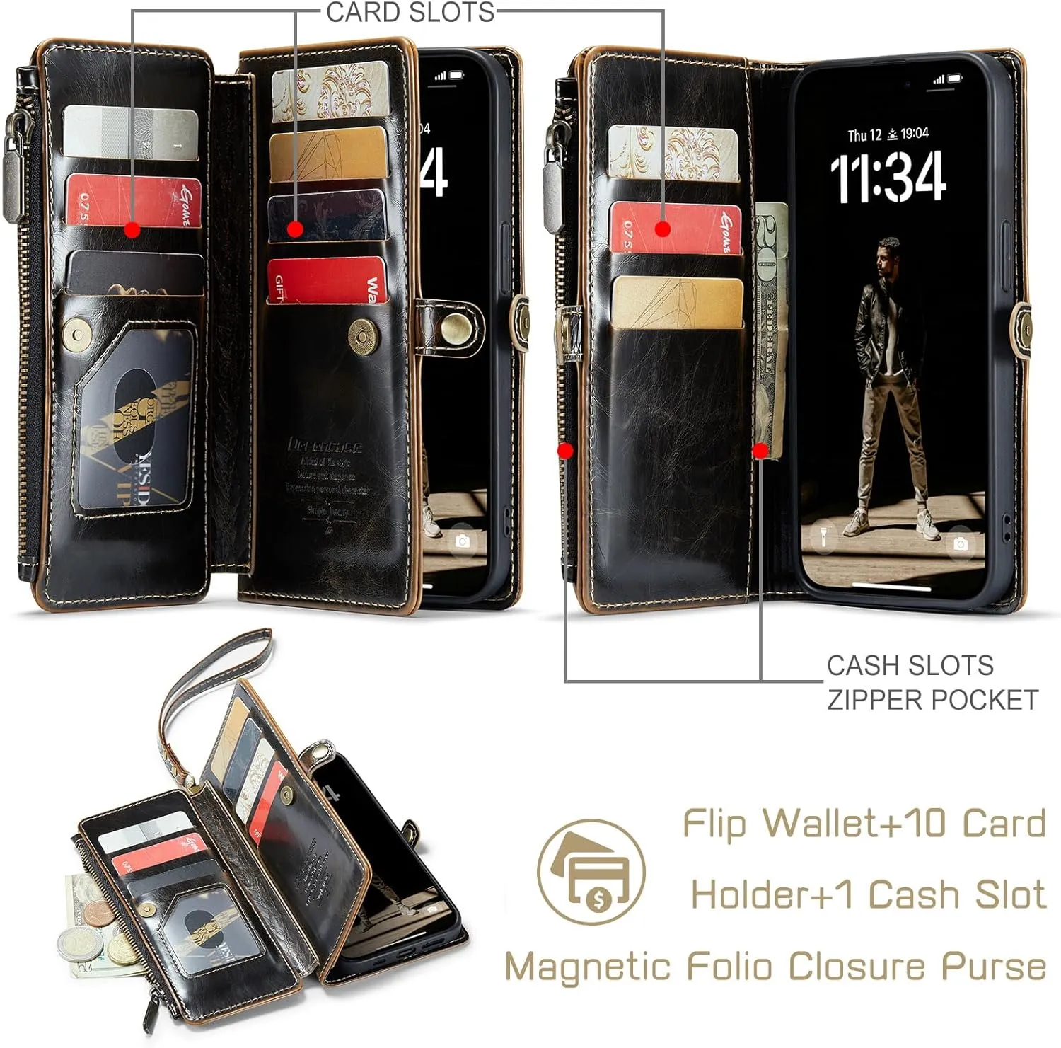 Defencase Compatible with iPhone 11 Pro Max Case Wallet with RFID Blocking Card Holder for Women Men, PU Leather Magnetic Snap Flip Zipper Strap Wallet Phone Case Fit for iPhone 11 Pro Max 6.5, Coffee