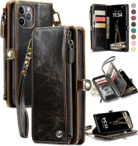 Defencase Compatible with iPhone 11 Pro Max Case Wallet with RFID Blocking Card Holder for Women Men, PU Leather Magnetic Snap Flip Zipper Strap Wallet Phone Case Fit for iPhone 11 Pro Max 6.5, Coffee