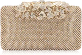 Dexmay Rhinestone Crystal Clutch Evening Bag with Flower Clasp Women Purse for Wedding Gold