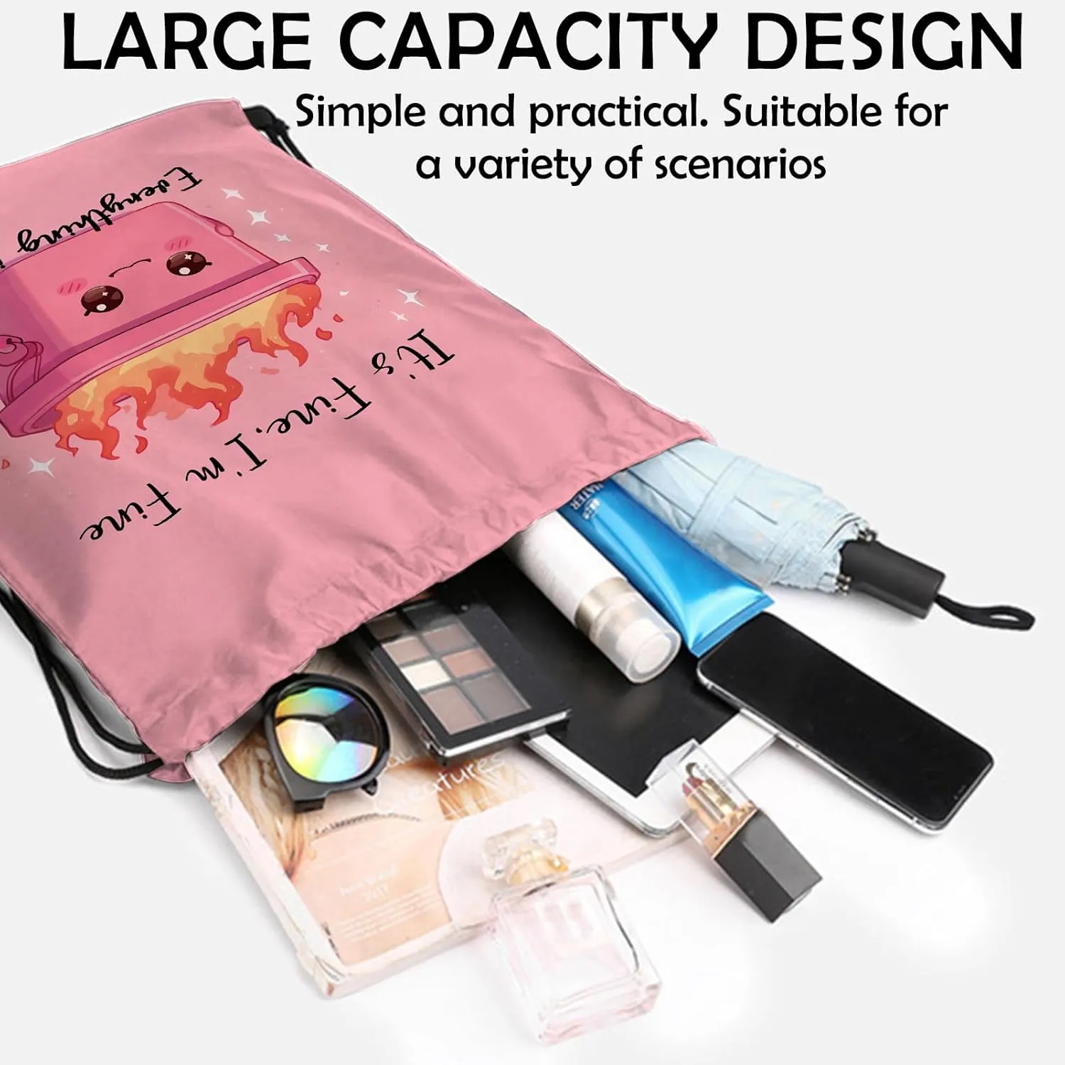 Drawstring Backpack Draw String Sports Bags for Gym Travel Beach Waterproof Cute Sackpack Men Women Aesthetic (13"17")-Pink Trash Can