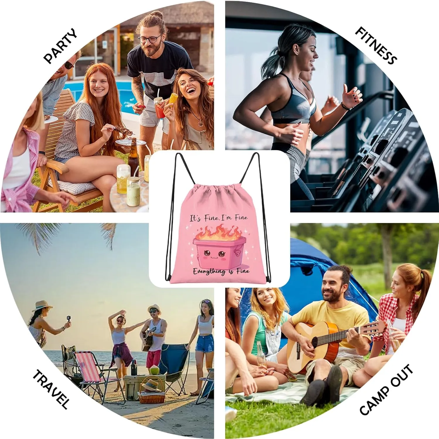Drawstring Backpack Draw String Sports Bags for Gym Travel Beach Waterproof Cute Sackpack Men Women Aesthetic (13"17")-Pink Trash Can