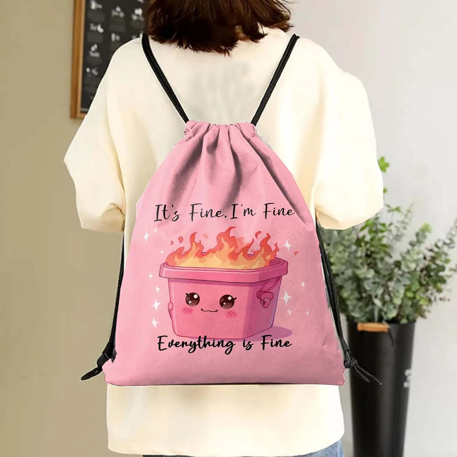Drawstring Backpack Draw String Sports Bags for Gym Travel Beach Waterproof Cute Sackpack Men Women Aesthetic (13"17")-Pink Trash Can