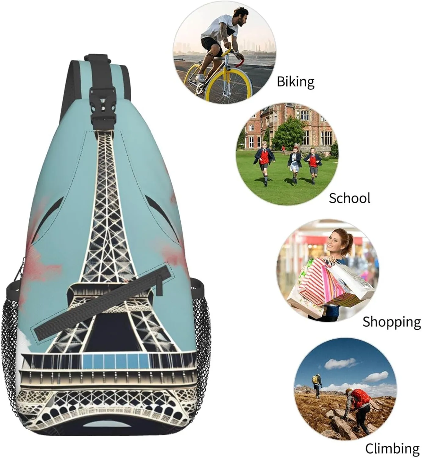 Eiffel Tower Shoulder Bag Crossbody Backpack Chest Bag Lightweight Sling Daypackstravel Hiking Cycling For Men Women