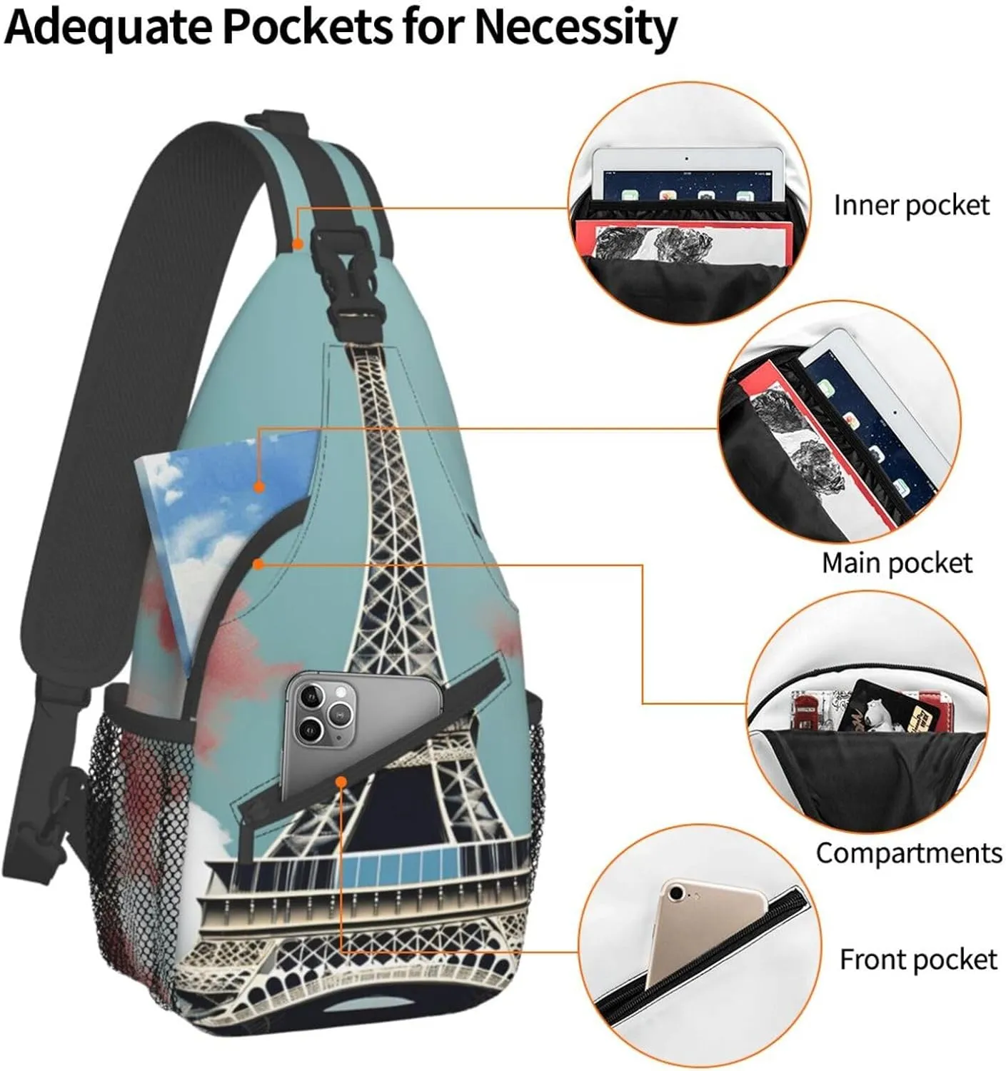 Eiffel Tower Shoulder Bag Crossbody Backpack Chest Bag Lightweight Sling Daypackstravel Hiking Cycling For Men Women