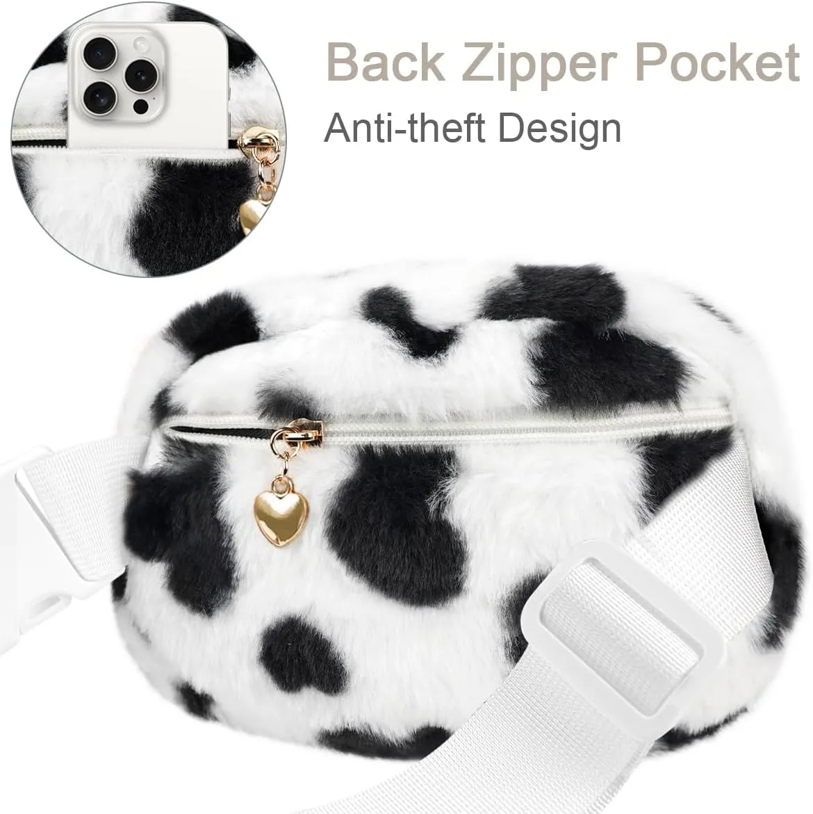 Fuzzy Belt Bag Waist Fanny Pack for Girls Cute Lovely Heart Waist Packs Crossbody Bags for Women Trendy Teen Girl Kids Daughter Sister Her Preppy Girly Stuff Fuzzy Plush Waist Pack Bag, Black