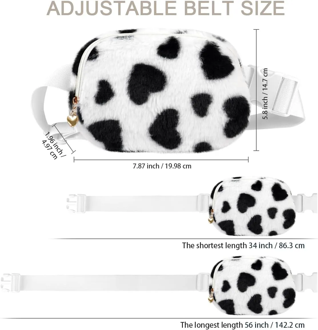 Fuzzy Belt Bag Waist Fanny Pack for Girls Cute Lovely Heart Waist Packs Crossbody Bags for Women Trendy Teen Girl Kids Daughter Sister Her Preppy Girly Stuff Fuzzy Plush Waist Pack Bag, Black
