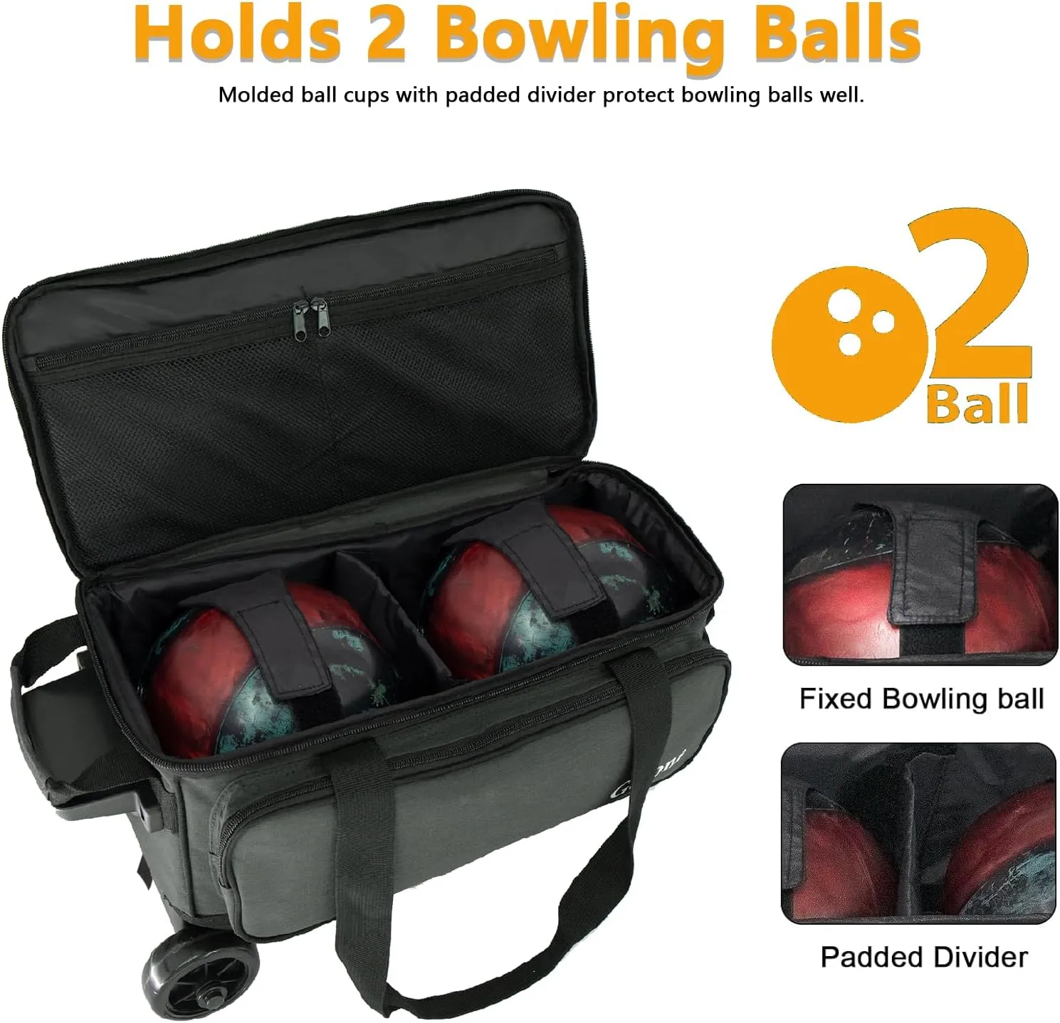 Goloni Double Roller 2 Ball Bowling Bag with Separate Shoe Compartment,2 Ball Bowling Bag with Wheels,Retractable Handle Extends to 40"