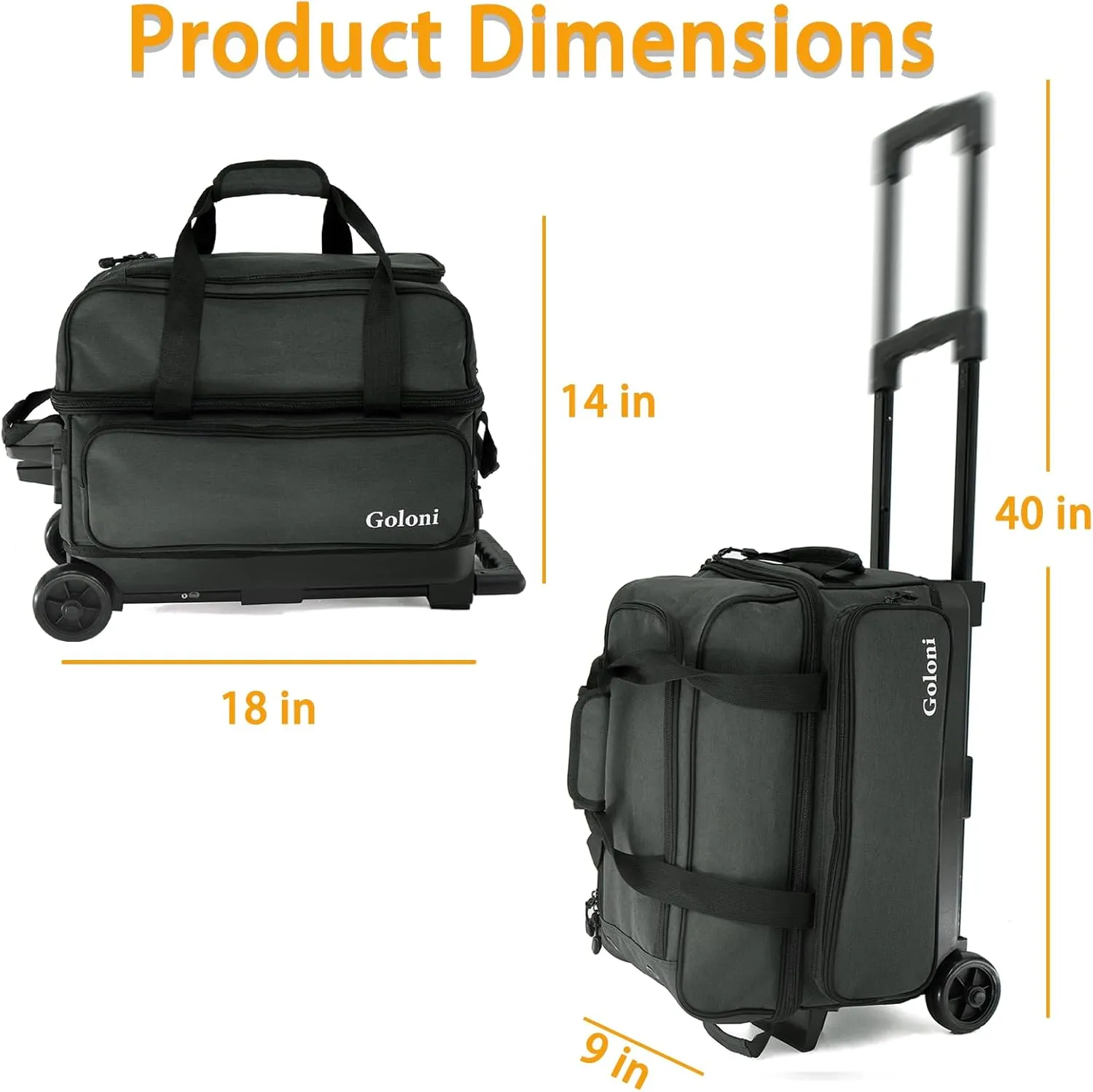 Goloni Double Roller 2 Ball Bowling Bag with Separate Shoe Compartment,2 Ball Bowling Bag with Wheels,Retractable Handle Extends to 40"