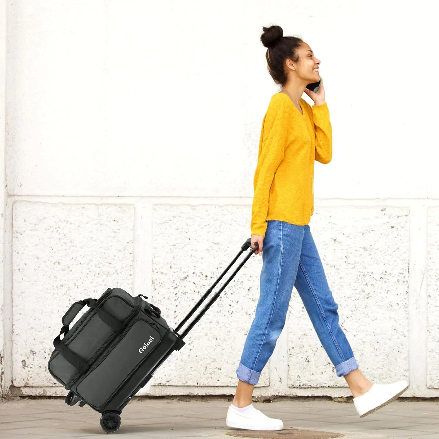 Goloni Double Roller 2 Ball Bowling Bag with Separate Shoe Compartment,2 Ball Bowling Bag with Wheels,Retractable Handle Extends to 40"