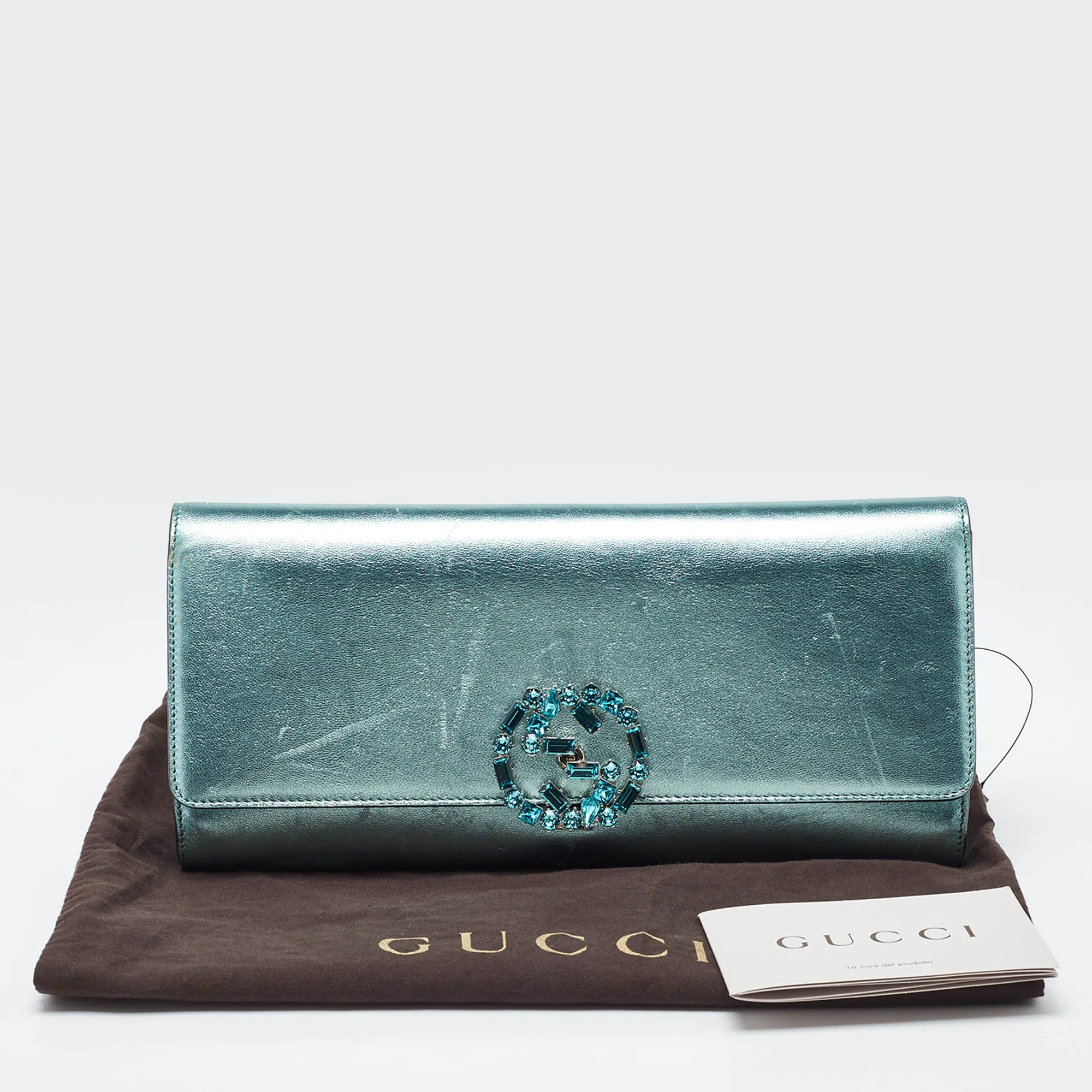 Gucci  Leather Crystal Interlocking G Broadway Clutch