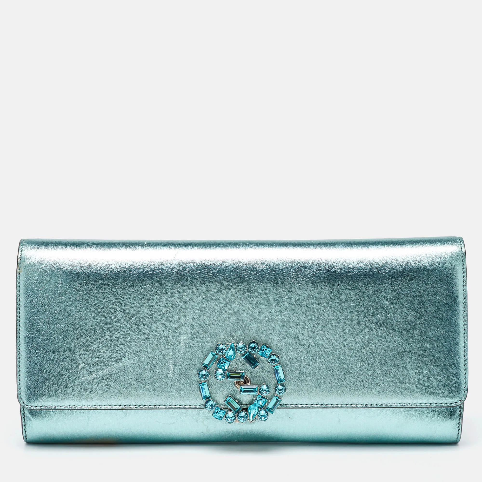 Gucci  Leather Crystal Interlocking G Broadway Clutch
