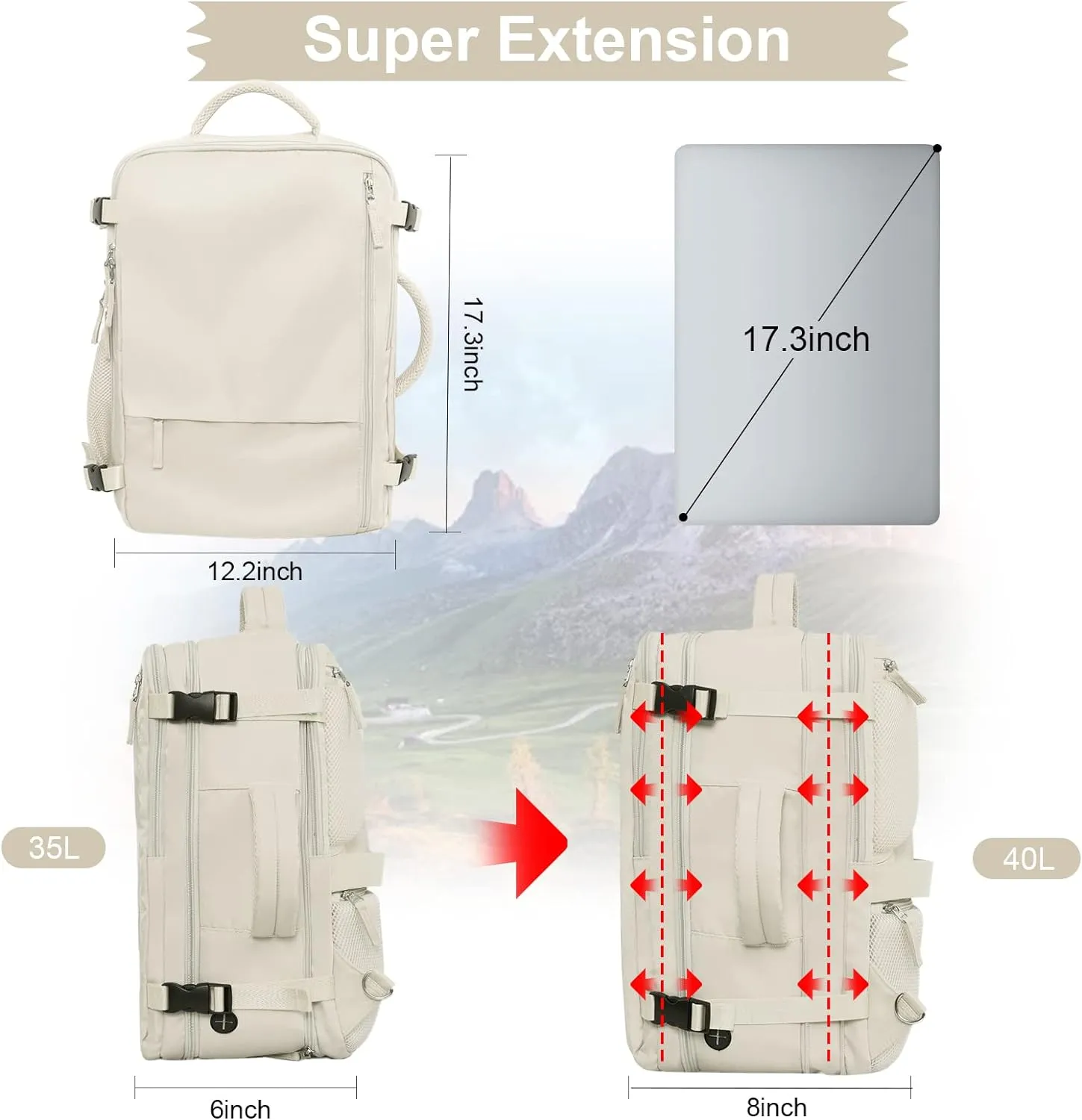Hanples Extra Large Travel Backpack for Women, 40L Carry On, 17 Inch Laptop, Waterproof Hiking Casual Bag (Beige)