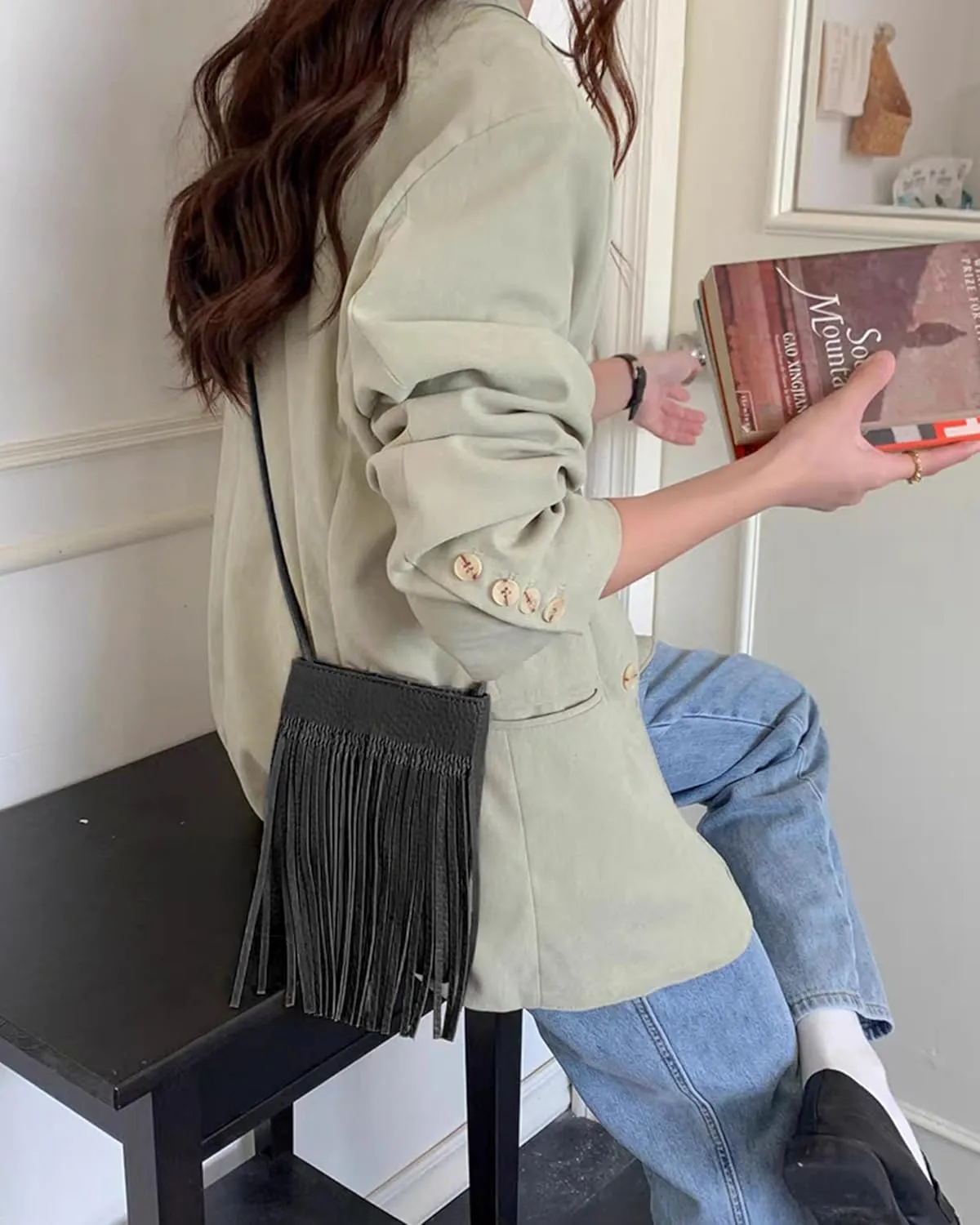 Hoce Womens Leather Fringe Messenger Bag Large Hobo Crossbody Tassel Shoulder Bags, Gift for Mom Wife Girlfriend