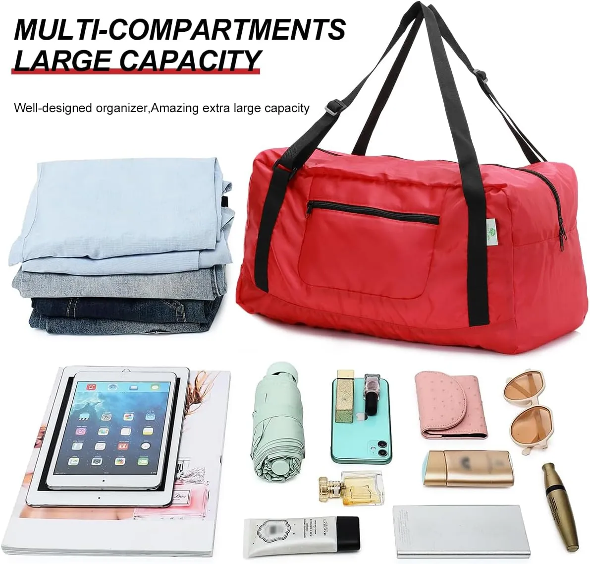 HOLYLUCK Foldable Travel Duffel Bag For Women & Men Luggage Great for Gym (Red)
