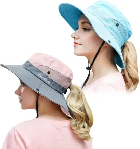Muryobao 2 Pack Women Ponytail Summer Sun Hat UV Protection Wide Brim Foldable Safari Fishing Cap