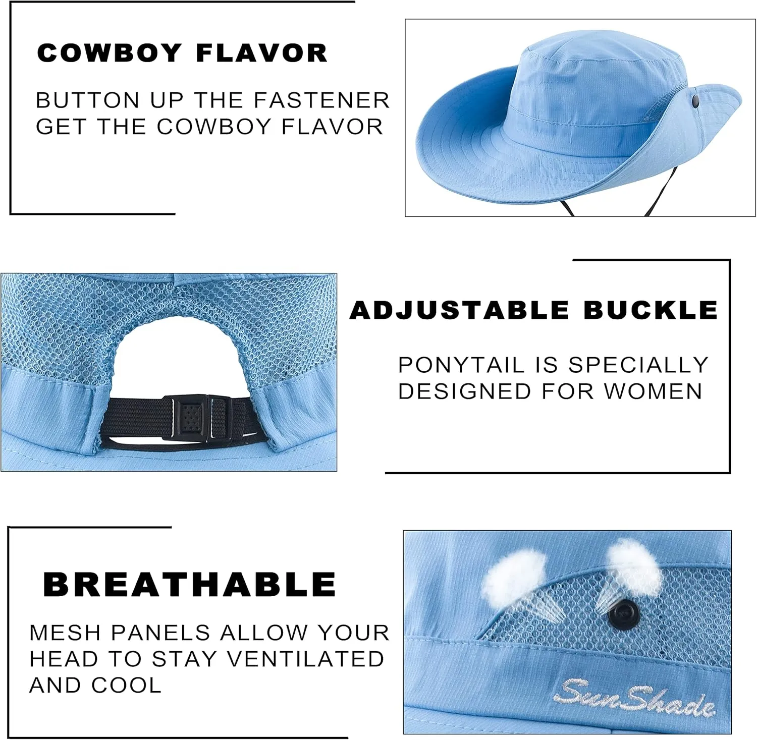 Muryobao 2 Pack Women Ponytail Summer Sun Hat UV Protection Wide Brim Foldable Safari Fishing Cap