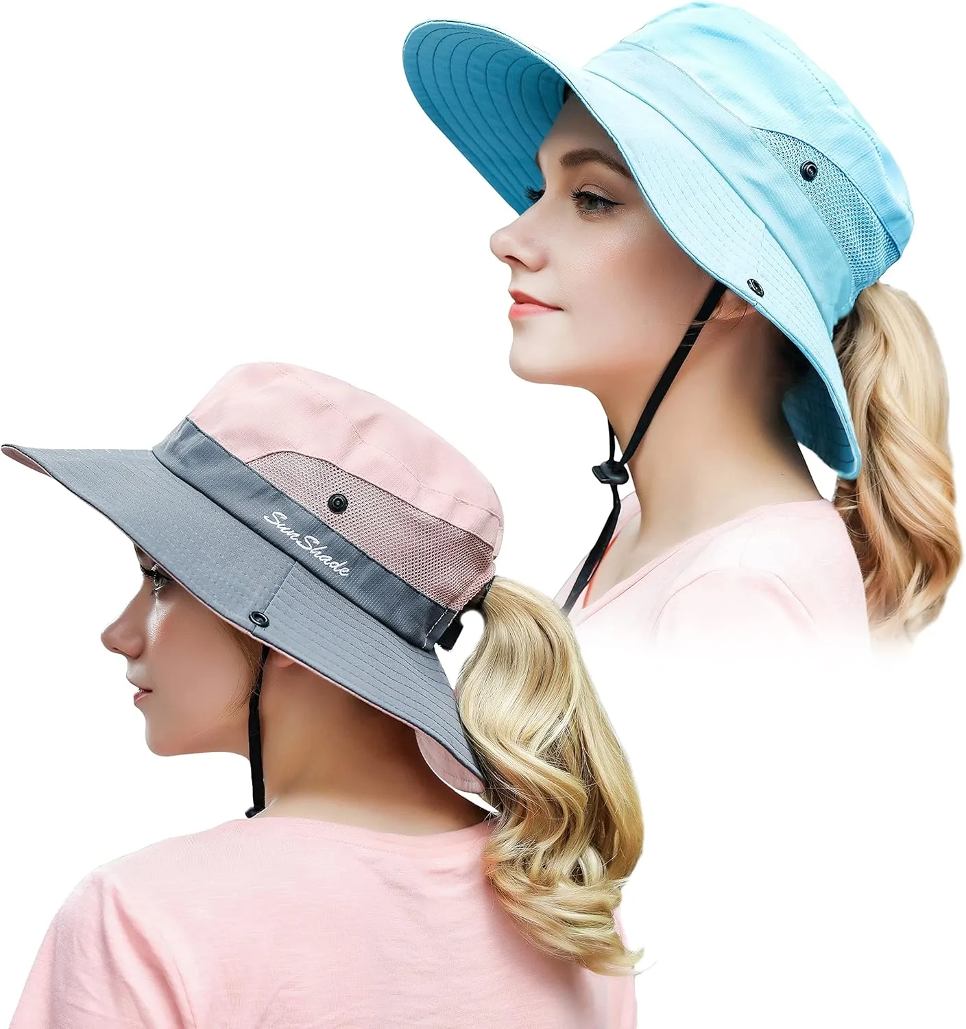 Muryobao 2 Pack Women Ponytail Summer Sun Hat UV Protection Wide Brim Foldable Safari Fishing Cap