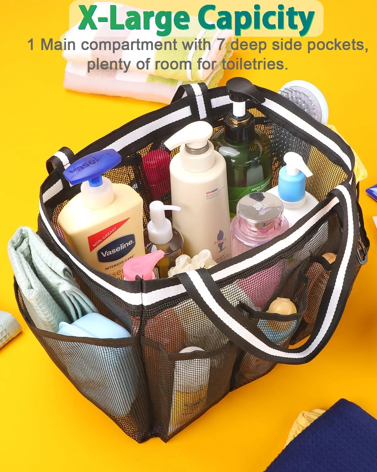 Ocim XL Portable Mesh Shower Caddy for College Dorm, Extra Large Bathroom Tote Bag for Camping Travel Gym Pool Collapsible Quick Dry for Big Full Size Shampoo Bottles, Black