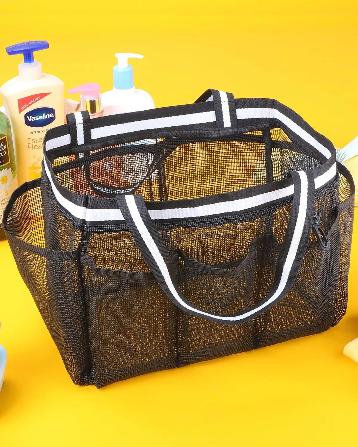 Ocim XL Portable Mesh Shower Caddy for College Dorm, Extra Large Bathroom Tote Bag for Camping Travel Gym Pool Collapsible Quick Dry for Big Full Size Shampoo Bottles, Black