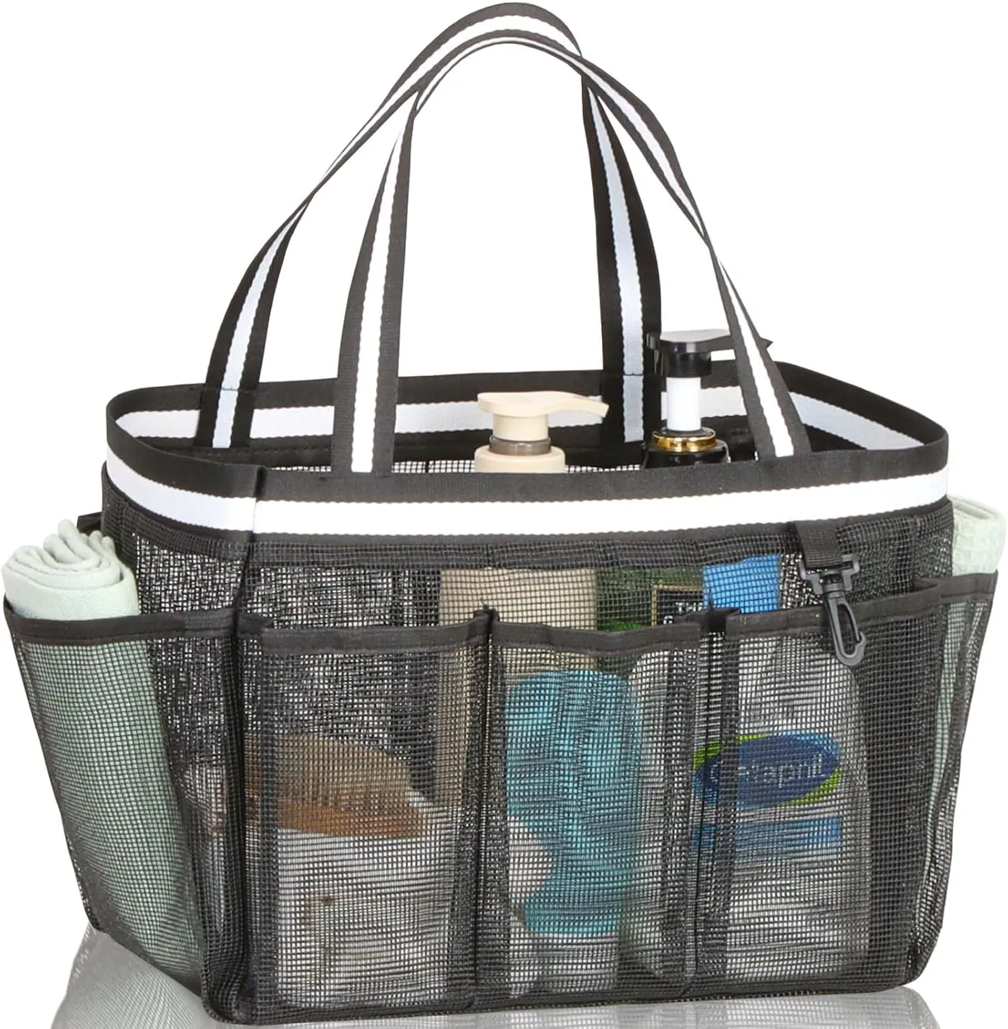 Ocim XL Portable Mesh Shower Caddy for College Dorm, Extra Large Bathroom Tote Bag for Camping Travel Gym Pool Collapsible Quick Dry for Big Full Size Shampoo Bottles, Black