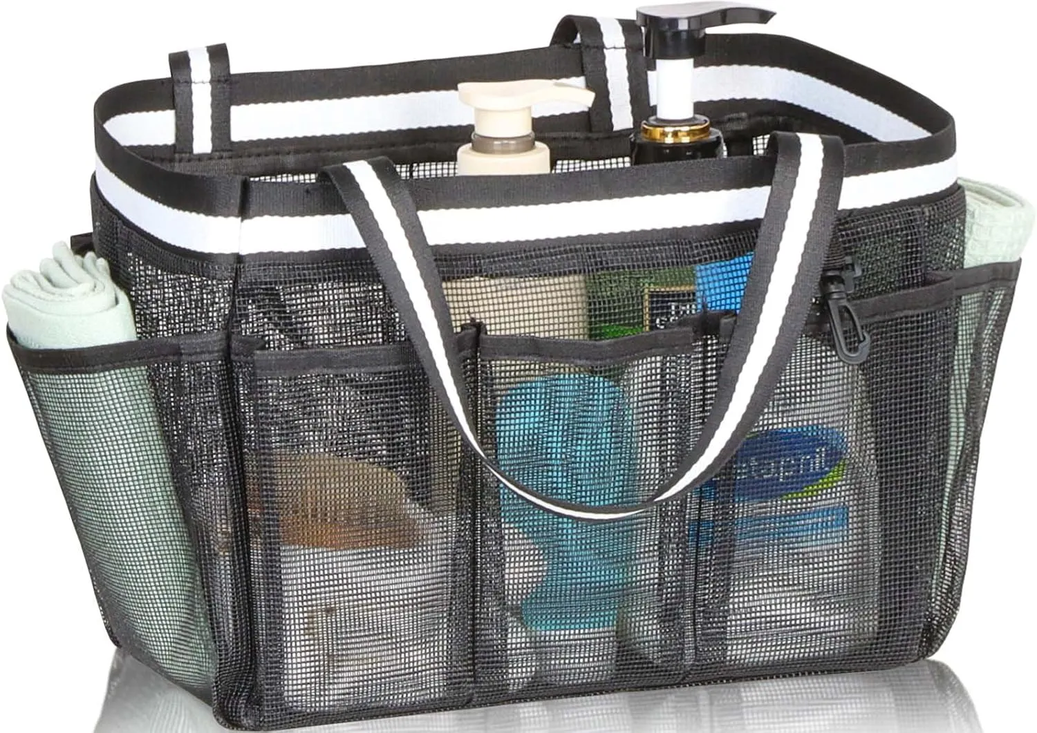 Ocim XL Portable Mesh Shower Caddy for College Dorm, Extra Large Bathroom Tote Bag for Camping Travel Gym Pool Collapsible Quick Dry for Big Full Size Shampoo Bottles, Black